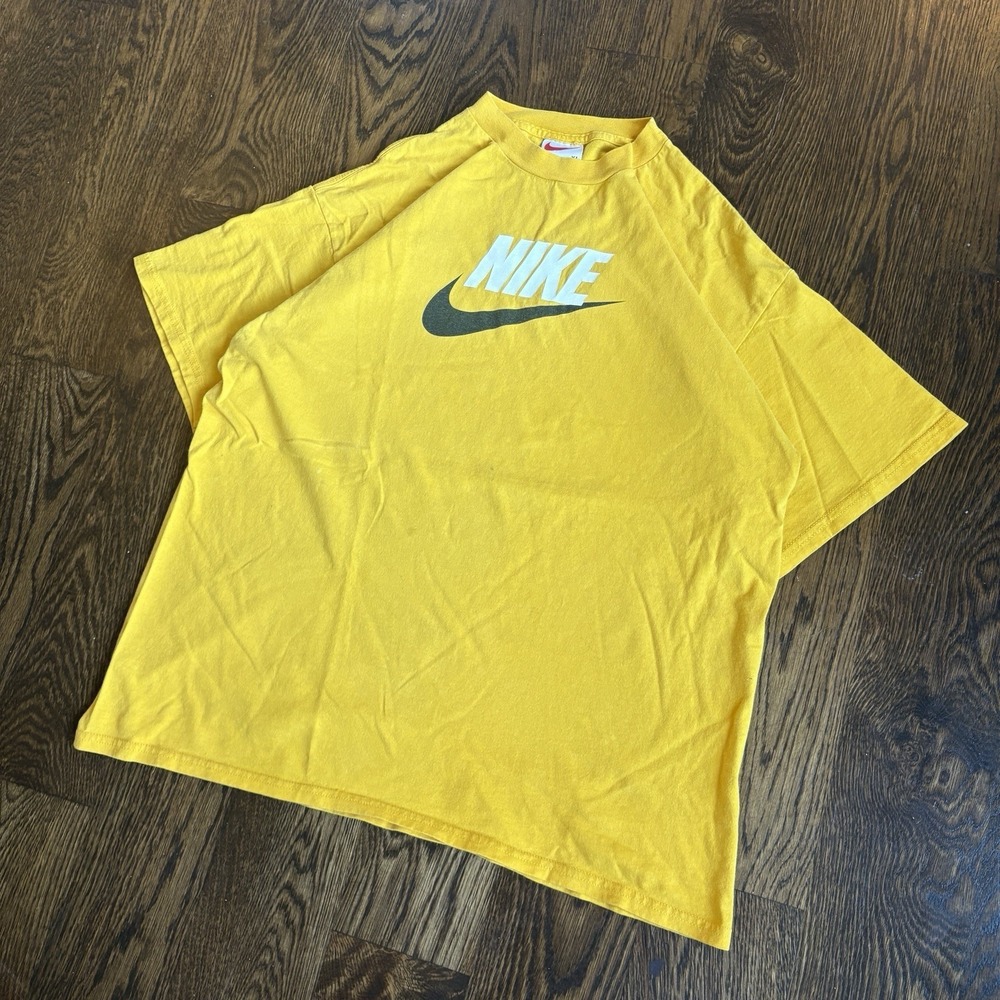 Vtg 90s Nike Center Swoosh T Shirt XL Yellow Boxy Fit Retro Spellout Y2K Retro
